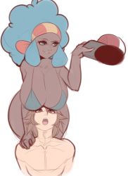 Rule 34 | 1boy, 1girl, :o, afro, baseball cap, big hair, bikini, blue bikini, blue hair, breast rest, breasts, breasts on head, brown eyes, brown hair, cleavage, clothed female nude male, collarbone, creatures (company), curvy, dark skin, game freak, hanging breasts, hat, hetero, hilbert (pokemon), huge breasts, interracial, jpeg artifacts, lenora (pokemon), looking at breasts, looking up, mystical, nintendo, nude, open mouth, pectorals, pokemon, pokemon bw, sagging breasts, simple background, sketch, swimsuit, thick thighs, thighs, white background, wide hips