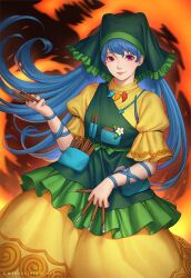 Rule 34 | 1girl, apron, arm ribbon, artist name, blue hair, chisel, closed mouth, commentary, cowboy shot, dress, fire, flower, frills, green apron, green headwear, haniyasushin keiki, head scarf, highres, jewelry, long hair, looking at viewer, magatama, magatama necklace, necklace, puffy short sleeves, puffy sleeves, purple eyes, ribbon, short sleeves, single strap, smile, solo, touhou, very long hair, white flower, winterleigh, wood carving tool, yellow dress