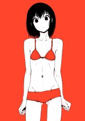 Rule 34 | 1girl, arms at sides, bikini, black hair, collarbone, colored skin, cowboy shot, expressionless, flat chest, groin, head tilt, highres, looking at viewer, monochrome, navel, original, red background, red bikini, shokubai phantom girl, short hair, simple background, solo, spot color, standing, swimsuit, white skin
