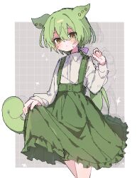 Rule 34 | 1girl, adapted costume, border, closed mouth, feet out of frame, frilled skirt, frills, gil (gil 261), green hair, green skirt, grey background, grid background, hand up, highres, jaggy lines, long hair, long sleeves, looking at viewer, outside border, shirt, single blush sticker, skirt, skirt hold, solo, sparkle, standing, suspender skirt, suspenders, voicevox, white border, white shirt, yellow eyes, zundamon