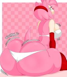 Rule 34 | 1girl, amy rose, ass, back, bra, breasts, butt crack, curvy, denizen1414, elbow gloves, english text, furry, gloves, green eyes, hairband, heart, hedgehog, hedgehog ears, hedgehog tail, highres, huge ass, large breasts, looking at viewer, looking back, motion lines, one eye closed, panties, pink background, red gloves, red thighhighs, sitting, skindentation, smile, solo, sonic (series), thick thighs, thighhighs, thighs, underwear, v, white bra, white panties, wide hips, wink