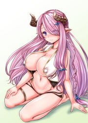 Rule 34 | 1girl, ally (eden154), bare shoulders, black panties, blush, braid, breasts, cleavage, collarbone, covered erect nipples, draph, female focus, full body, gradient background, granblue fantasy, groin, hair ornament, hairclip, highres, horns, kneeling, large breasts, long hair, looking at viewer, narmaya (granblue fantasy), navel, no bra, open clothes, open shirt, panties, pink hair, pointy ears, purple eyes, seiza, shirt, simple background, sitting, solo, underwear, very long hair