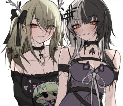Rule 34 | 2girls, armband, black bow, black choker, black shirt, blonde hair, blush, bow, breasts, ceres fauna, chibi, choker, cleavage, commentary, earclip, earrings, english commentary, eyelashes, goth fashion, grey hair, hair branch, hair ornament, heart, hololive, hololive english, jewelry, large breasts, lips, looking at viewer, medium breasts, multicolored hair, multiple girls, necklace, off-shoulder shirt, off shoulder, parted lips, purple shirt, shiori novella, shiori novella (1st costume), shirt, simple background, sketch, smile, spaghetti strap, split-color hair, takida 185, twintails, two-tone hair, virtual youtuber, white background, white hair