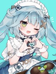 Rule 34 | 1girl, :d, absurdres, apron, aqua background, aqua hair, blush, eringikinono, faruzan (cafe) (genshin impact), faruzan (genshin impact), food, frilled sleeves, frills, genshin impact, green eyes, heart, heart hands, highres, looking at viewer, maid, maid apron, official alternate costume, one eye closed, open mouth, short sleeves, simple background, smile, symbol-shaped pupils, triangle-shaped pupils, twintails, upper body