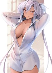 Rule 34 | 1girl, absurdres, arms behind head, blouse, blush, breasts, cleavage, closed mouth, collarbone, commentary request, dark-skinned female, dark skin, highres, huge filesize, indoors, kantai collection, large breasts, long hair, long sleeves, looking at viewer, musashi (kancolle), musashi kai ni (kancolle), naked shirt, narrow waist, no eyewear, open clothes, open shirt, red eyes, see-through, shirt, short hair with long locks, sidelocks, silver hair, smile, solo, very long hair, white shirt, yunamaro