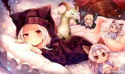 Rule 34 | 1girl, animal hood, artist name, ass, barefoot, commentary request, doll, granblue fantasy, hood, looking at viewer, lying, on bed, on stomach, pillow, red eyes, scathacha (granblue fantasy), smile, solo, star (symbol), stuffed toy, sukemyon, twitter username, white hair