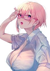 Rule 34 | 1girl, absurdres, adjusting eyewear, blue eyes, breasts, collared shirt, from side, glasses, go-toubun no hanayome, hand up, highres, large breasts, light blush, nakano ichika, nununu (nununu386), open clothes, open mouth, open shirt, pink-framed eyewear, pink hair, shirt, short hair, short sleeves, simple background, solo, upper body, white background, white shirt