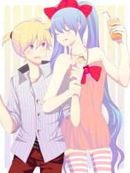 Rule 34 | 1boy, 1girl, bare shoulders, blonde hair, blue hair, blue nails, blush, couple, cup, dress, dress shirt, drink, flat chest, food, hair ribbon, halterneck, harano, hatsune miku, height difference, hetero, holding another&#039;s wrist, ice cream, kagamine len, licking lips, long hair, nail polish, ribbon, shirt, short dress, striped clothes, striped thighhighs, tall, thighhighs, tongue, tongue out, twintails, very long hair, vocaloid, zettai ryouiki