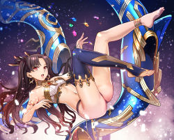 Rule 34 | 1girl, anklet, armlet, ass, barefoot, earrings, fate/grand order, fate (series), feet, highres, ishtar (fate), ishtar (fate), jewelry, long hair, looking at viewer, no shoes, open mouth, red eyes, single thighhigh, thighhighs, toeless legwear, toes, tohsaka rin, twintails