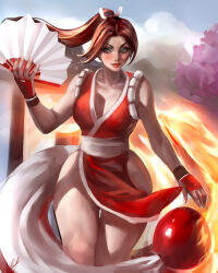 Rule 34 | 1girl, breasts, fatal fury, fire, highres, large breasts, long hair, shiranui mai, smile, solo