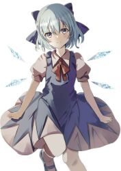 Rule 34 | 1girl, bad id, bad pixiv id, blue bow, blue dress, blue eyes, blue footwear, blue hair, blush, bow, bowtie, cirno, closed mouth, collared shirt, dress, eyelashes, grey shirt, grey socks, hair between eyes, highres, ice, ice wings, leg up, looking at viewer, natsume suzuri, puffy short sleeves, puffy sleeves, red bow, red bowtie, shirt, shoes, short hair, short sleeves, simple background, smile, socks, solo, standing, standing on one leg, touhou, white background, wings