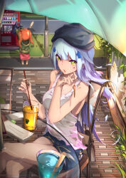 Rule 34 | !, 2girls, alternate costume, bag, bare arms, beret, black headwear, blue shorts, blunt bangs, breasts, casual, chinese commentary, coat, collarbone, commentary, crossed legs, cup, day, dinergate (girls&#039; frontline), drinking straw, duplicate, facepaint, floating hair, girls&#039; frontline, glass table, green coat, green eyes, grey hair, hair ornament, hat, highres, hk416 (girls&#039; frontline), holding, holding key, key, kneehighs, lamppost, long hair, looking at viewer, medium breasts, multiple girls, open mouth, outdoors, photoshop (medium), pixel-perfect duplicate, renze l, revision, road, scenery, short shorts, shorts, shoulder bag, sidelocks, sitting, sitting on object, socks, table, tank top, teardrop, thighs, umbrella, ump9 (girls&#039; frontline), under umbrella, white tank top
