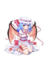 Rule 34 | 1girl, absurdres, arms up, bat wings, blue hair, blush, bobby socks, bound, dress, hat, hat ribbon, highres, long hair, looking at viewer, mitaojiu (wumiaoxiao mengjiu), mob cap, pink footwear, puffy short sleeves, puffy sleeves, red eyes, red ribbon, red sash, remilia scarlet, ribbon, sash, shoes, short sleeves, sitting, socks, solo, tied up, touhou, transparent background, wariza, white dress, white hat, white socks, wings