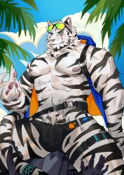 Rule 34 | 1boy, abs, alternate costume, animal ears, animal hands, arknights, bara, black male swimwear, black tank top, blue-framed eyewear, blue male swimwear, blush, bulge, chain necklace, doufujintianxianle, eyewear on head, feet out of frame, furry, furry male, handprint, harness, hood, hooded jacket, jacket, jewelry, large pectorals, legs apart, male focus, male pubic hair, male swimwear, mountain (arknights), muscular, muscular male, navel hair, necklace, nipples, pants, pectorals, pointing, pubic hair, scar, scar across eye, scar on face, short hair, sleeveless, sleeveless jacket, solo focus, stomach, sunglasses, swim briefs, tank top, thick thighs, thighs, tiger boy, tiger ears, tinted eyewear, topless male, white fur, white hair, white pants, yellow-tinted eyewear, zipper