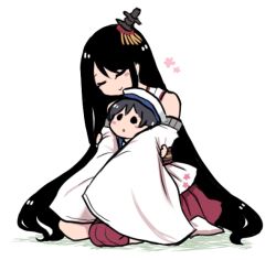 Rule 34 | 2girls, black hair, closed eyes, commentary request, detached sleeves, floral print, fusou (kancolle), hair ornament, hat, hiburi (kancolle), hug, hug from behind, kantai collection, long hair, multiple girls, pleated skirt, red skirt, sailor hat, short hair, simple background, skirt, terrajin, white background, white headwear