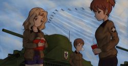 Rule 34 | 3girls, aircraft, alisa (girls und panzer), blonde hair, blue eyes, brown eyes, brown hair, caterpillar tracks, charlotte e. yeager, chewing gum, cloud, cloudy sky, commentary, cup, emblem, english commentary, evening, food, girls und panzer, highres, kay (girls und panzer), light smile, looking at viewer, m4 sherman, military, military vehicle, motor vehicle, multiple girls, naomi (girls und panzer), popcorn, qian, saunders (emblem), saunders military uniform, short hair, sky, strike witches, tank, twintails, world witches series