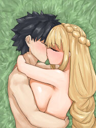 Rule 34 | 1boy, 1girl, absurdres, black hair, blonde hair, braid, breast press, breasts, closed eyes, demeter (fate), fate/grand order, fate (series), fujimaru ritsuka (male), hands on another&#039;s neck, hands on another&#039;s waist, hetero, highres, implied sex, kiss, large breasts, nude, on grass, short hair, steamingtofu