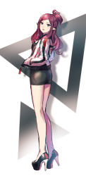 Rule 34 | 1girl, bad id, bad pixiv id, black skirt, blue eyes, brown hair, from side, full body, hand in pocket, high heels, highres, jacket, long hair, long sleeves, macross, macross delta, miniskirt, mirage farina jenius, one side up, open clothes, open jacket, parted bangs, pencil skirt, pointy ears, shimatani azu, skirt, solo, standing, white background, white jacket