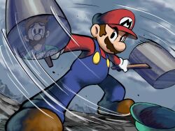 Rule 34 | 2boys, blue overalls, boots, brothers, brown footwear, brown hair, dual wielding, facial hair, gloves, green headwear, green shirt, grey sky, hammer, hat, unworn headwear, highres, holding, holding hammer, holding weapon, looking at viewer, luigi, male focus, mario, mario &amp; luigi rpg, mario (series), masanori sato (style), multiple boys, mustache, nintendo, outdoors, overalls, red headwear, red shirt, reflection, shirt, siblings, sky, standing, weapon, white gloves, ya mari 6363