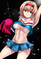 Rule 34 | 1girl, adapted costume, alice margatroid, alternate costume, arm up, armpits, black background, blonde hair, blue eyes, breasts, cheerleader, clothes lift, crop top, crop top overhang, hairband, large breasts, midriff, moruchi (rinaka moruchi), navel, pom pom (cheerleading), shirt, short hair, simple background, skirt, skirt lift, skirt set, sleeveless, smile, solo, sparkle, touhou, underboob, wind, wind lift