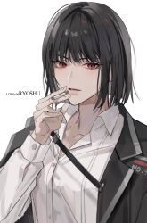 Rule 34 | 1girl, 41097772s, black hair, black jacket, bob cut, character name, cigarette, collared shirt, commentary request, highres, holding, holding cigarette, jacket, jacket on shoulders, korean commentary, lapels, limbus company, long sleeves, looking at viewer, notched lapels, parted lips, project moon, red eyes, ryoshu (project moon), shirt, short hair, simple background, solo, upper body, white background, white shirt