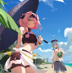 Rule 34 | 1boy, 1girl, absurdres, animal, arknights, ball, bare shoulders, beach, beachball, beret, bird, black collar, black umbrella, blue bow, blue hair, blue headwear, blue sky, bow, braid, breasts, carrying, carrying under arm, chair, closed mouth, cloud, collar, commentary request, day, flower, flower necklace, goldenglow (arknights), grey male swimwear, hair between eyes, hair bow, hair over shoulder, hat, highres, holding, holding ball, holding umbrella, jewelry, lei, long hair, lounge chair, male swimwear, medium breasts, miao tang yu panduola he, mizuki (arknights), necklace, open clothes, open shirt, orange eyes, outdoors, parasol, pink hair, purple eyes, red flower, sand, see-through, shirt, short shorts, short sleeves, shorts, single braid, sky, smile, swim trunks, umbrella, water, watermark, watermelon beachball, white flower, white shirt, white shorts, yellow flower