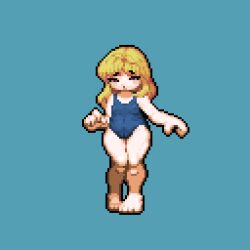 Rule 34 | 1girl, blonde hair, blue background, blue one-piece swimsuit, commentary request, cookie (touhou), covered navel, flat chest, full body, kirisame marisa, long hair, looking at viewer, one-piece swimsuit, open mouth, pigeon-toed, pixel art, red eyes, simple background, solo, suzu (cookie), swimsuit, tonchamon san, touhou