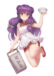 Rule 34 | 1girl, apron, arm up, artist name, bare legs, bell, blunt bangs, bowl, box, china dress, chinese clothes, closed mouth, double bun, dress, eyebrows, full body, hair bell, hair bun, hair ornament, holding, holding bowl, long hair, looking at viewer, low twintails, meto31, no socks, purple hair, ranma 1/2, red dress, red eyes, red footwear, shampoo (ranma 1/2), shoes, short dress, simple background, smile, solo, twintails, very long hair, white apron, white background
