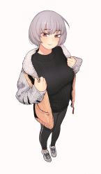 1girl, bangs, black pants, black sweater, blush, breasts, brown jacket, commentary request, eyebrows visible through hair, full body, fur-trimmed jacket, fur trim, girls frontline, highres, jacket, large breasts, long sleeves, looking at viewer, open clothes, open jacket, pants, red eyes, short hair, silver hair, simple background, sleeves past wrists, smile, snake, solo, standing, striped, striped pants, sweater, thomas hewitt, thompson (girls frontline), two-tone jacket, unzipped, white background, white footwear, white jacket, zipper pull tab