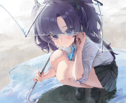 Rule 34 | 1girl, absurdres, black skirt, blue archive, blue eyes, blue necktie, blush, commentary request, halo, highres, holding, holding umbrella, korean commentary, looking at viewer, m.q (mqkyrie), necktie, outdoors, pleated skirt, purple hair, reflection, reflective water, school uniform, shirt, skirt, sleeves rolled up, smile, solo, squatting, transparent, transparent umbrella, umbrella, white shirt, yuuka (blue archive)