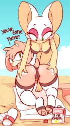 Rule 34 | 2girls, all fours, amy rose, anger vein, angry, animal ears, animated, animated gif, ass, ass grab, bare shoulders, barefoot, bat ears, beach, bent over, bikini, black bikini, blue sky, blush, bottle, breasts, cameltoe, cleft of venus, cloud, day, diives, english text, eyeshadow, fang, female focus, from behind, full body, furry, green eyes, handprint, hanging breasts, heart, looking back, looking down, lotion, lotion bottle, makeup, medium breasts, multiple girls, ocean, open mouth, outdoors, pink hair, raised eyebrow, rouge the bat, rubbing, sandals, unworn sandals, short hair, sky, smile, sonic (series), standing, sunscreen, swimsuit, tail, talking, text focus, thighhighs, towel, water, white footwear, white legwear