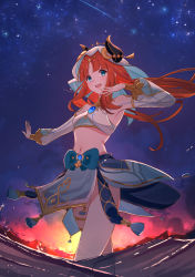 Rule 34 | 1girl, :d, absurdres, brooch, circlet, crop top, dancer, floating hair, genshin impact, gold trim, harem outfit, highres, horns, jewelry, long hair, long sleeves, looking at viewer, mxsoundtube, navel, neck ring, nilou (genshin impact), open mouth, outstretched arms, parted bangs, partially underwater shot, puffy long sleeves, puffy sleeves, red hair, shooting star, shrug (clothing), skirt, sky, smile, solo, star (sky), starry sky, stomach, sunset, teeth, thighlet, thighs, twintails, upper teeth only, vambraces, veil, vision (genshin impact), wading, water