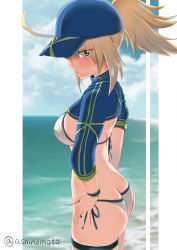 Rule 34 | 1girl, artoria pendragon (fate), ashino moto, ass, blonde hair, breasts, butt crack, fate/grand order, fate (series), from behind, green eyes, hat, highres, long hair, medium breasts, mysterious heroine x (fate), mysterious heroine xx (fate), outdoors, ponytail, shrug (clothing), sideboob