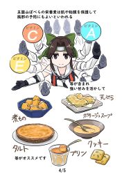Rule 34 | 1girl, black gloves, bow, bowl, brown eyes, brown hair, cookie, cropped torso, food, forehead protector, gloves, green bow, hair bow, headband, highres, jintsuu (kancolle), jintsuu kai ni (kancolle), kantai collection, long hair, plate, pudding, sailor collar, seiran (mousouchiku), simple background, smile, solo, soup, spoon, tart (food), white background, white sailor collar