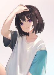 Rule 34 | 1girl, absurdres, arm up, asymmetrical sleeves, black hair, black sleeves, blue sleeves, bob cut, closed mouth, commentary, hand on own head, highres, looking afar, medium hair, mismatched sleeves, multicolored shirt, original, purple eyes, shirt, short sleeves, simple background, smile, soi iii, solo, t-shirt, upper body, white background, white shirt, wide sleeves