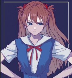 Rule 34 | 1girl, blue background, blue eyes, breasts, brown hair, closed mouth, frown, hands on own hips, headgear, highres, interface headset, long hair, medium breasts, neck ribbon, neon genesis evangelion, red ribbon, ribbon, sailor collar, saventer1, school uniform, shirt, short sleeves, solo, souryuu asuka langley, tokyo-3 middle school uniform, twintails, white sailor collar, white shirt