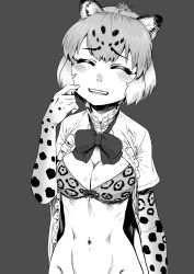 Rule 34 | 10s, 1girl, ^ ^, animal ears, arm at side, bad id, bad pixiv id, blush, bow, bow bra, bowtie, bra, breasts, buttons, cleavage, closed eyes, embarrassed, closed eyes, finger to cheek, frills, gloves, greyscale, hand up, highres, jaguar (kemono friends), jaguar ears, jaguar print, kemono friends, kishida shiki, medium breasts, monochrome, navel, open clothes, open mouth, open shirt, print bra, print gloves, shirt, short hair, short sleeves, smile, solo, standing, stomach, unbuttoned, unbuttoned shirt, underwear, undone bowtie, upper body