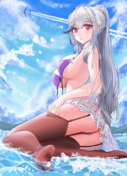 Rule 34 | 1girl, absurdres, aircraft, airplane, ass, azur lane, bikini, black thighhighs, blue sky, braid, breasts, crown braid, dunkerque (azur lane), dunkerque (summer sucre) (azur lane), front-tie bikini top, front-tie top, garter straps, grey hair, highres, large breasts, long hair, looking at viewer, official alternate costume, outdoors, purple bikini, purple eyes, see-through, sky, solo, swimsuit, thighhighs, thighs, untied bikini, water, way666666, wet, wet clothes