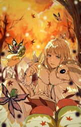 Rule 34 | 1boy, 2girls, animal, animal on shoulder, autumn leaves, blanca (fate), blue eyes, blurry, blurry background, book, bug, butterfly, butterfly on hand, caterpillar, cloak, crown, dappled sunlight, diamond hairband, fairy, falling leaves, fate/grand order, fate (series), feet out of frame, fingernails, fur-trimmed cloak, fur trim, highres, insect, knees up, leaf, light particles, long sleeves, looking at animal, male focus, medium hair, moth, multiple girls, oberon (fate), open book, parted lips, reading, robe, sitting, smile, sunlight, tree, uncleko5, under tree, white cloak, white hair, white robe