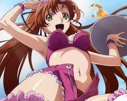 Rule 34 | 1girl, :d, arm up, armpits, bare shoulders, bra, breasts, brown hair, code geass, frills, from below, glass, green eyes, hat, highres, juice, lace, long hair, looking at viewer, looking down, midriff, navel, official art, official wallpaper, open mouth, orange juice, panties, shirley fenette, short shorts, shorts, smile, solo, spilling, tabata hisayuki, thighhighs, tray, twintails, unbuttoned, underwear, unzipped, waitress, wrist cuffs