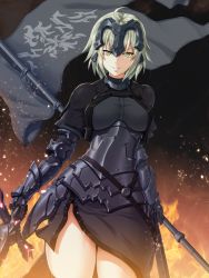 Rule 34 | 1girl, ahoge, armor, armored dress, backlighting, banner, black dress, blonde hair, breasts, collar, corset, cowboy shot, dark bride, dress, dual wielding, fate/grand order, fate (series), fire, fire, gauntlets, headphones, holding, holding sword, holding weapon, jeanne d&#039;arc (fate), jeanne d&#039;arc alter (avenger) (fate), jeanne d&#039;arc alter (fate), large breasts, light particles, looking at viewer, nandz, parted lips, short dress, short hair, solo, standing, sword, thighs, underbust, v-shaped eyebrows, weapon, yellow eyes