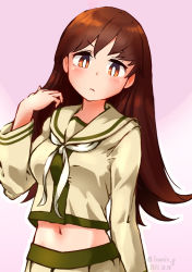 Rule 34 | 1girl, blush, brown hair, closed mouth, commentary request, highres, izumikuma, kantai collection, long hair, long sleeves, neckerchief, ooi (kancolle), ooi kai ni (kancolle), orange eyes, pink background, pleated skirt, sailor collar, school uniform, serafuku, simple background, skirt, solo, upper body, white neckerchief, yellow sailor collar, yellow skirt
