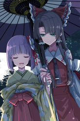 Rule 34 | 2girls, alternate eye color, arm at side, bare shoulders, black necktie, blunt bangs, blush visible through hair, bow, brown hair, commentary request, detached sleeves, flower, frilled bow, frilled hair tubes, frills, green eyes, hair bow, hair flower, hair ornament, hair tubes, hakama, hakama skirt, hakurei reimu, hieda no akyuu, highres, japanese clothes, kimono, long sleeves, looking at another, medium hair, multiple girls, necktie, night, nontraditional miko, oil-paper umbrella, purple hair, red bow, red hakama, red skirt, red vest, ribbon-trimmed sleeves, ribbon trim, sakuraba yuuki, skirt, smile, snow, standing, touhou, umbrella, upper body, vest, white flower, wide sleeves, yellow kimono