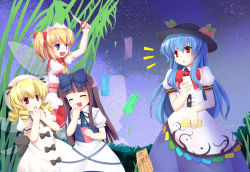 Rule 34 | 4girls, :d, ^ ^, bamboo, bamboo forest, black hair, blonde hair, blue hair, bow, brown hair, chestnut mouth, closed eyes, covering own mouth, drill hair, fang, female focus, food, forest, fruit, hair bow, hat, hinanawi tenshi, long hair, luna child, multiple girls, nature, night, niiya, open mouth, oriental sacred place, peach, prank, purple eyes, red eyes, scissors, short hair, smile, star sapphire, sunny milk, tanabata, tanzaku, touhou, translation request, wings