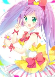 Rule 34 | 1girl, bad id, bad pixiv id, bow, goma (11zihisin), green eyes, hair bow, hand up, highres, long sleeves, looking at viewer, manaka laala, open mouth, pretty series, pripara, purple hair, skirt, smile, solo, swept bangs, treble clef, twintails, v, white background