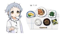 Rule 34 | 1girl, bowl, breakfast, buttons, chopsticks, commentary, dot nose, flat chest, food, grey hair, hand up, holding, holding spoon, idolmaster, idolmaster million live!, long sleeves, makabe mizuki, messy hair, morning, pajamas, puffy cheeks, rice bowl, salad, sidelocks, solo, spawnfoxy, spoon, tablecloth, upper body, wavy hair, white background, white pajamas, yellow eyes