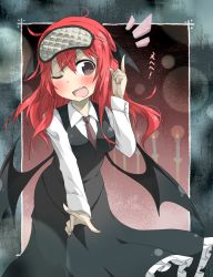 Rule 34 | &gt;;d, 1girl, ;d, bat wings, black eyes, blush, border, breasts, brown necktie, candle, demon wings, dress shirt, frills, head wings, highres, index finger raised, koakuma, long hair, long sleeves, low wings, necktie, nobamo pieruda, one eye closed, open mouth, pointing, red hair, shirt, skirt, skirt set, sleep mask, smile, solo, touhou, v-shaped eyebrows, vest, white shirt, wings, wink