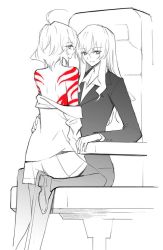 Rule 34 | 10s, 2girls, age difference, ahoge, akuma no riddle, bare shoulders, business suit, chair, formal, hashiri nio, limited palette, long hair, long sleeves, meichi yuri, minakata sunao, multiple girls, official art, pantyhose, shoes, short hair, sitting, skirt, smile, spoilers, suit, tattoo, thighhighs, yuri, yuri meichi