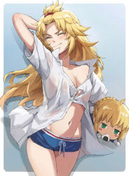 Rule 34 | 1girl, ahoge, arm behind head, arm up, artoria pendragon (all), artoria pendragon (fate), blonde hair, blue background, blue shorts, blush, blush stickers, border, breasts, character doll, closed eyes, closed mouth, collarbone, collared shirt, fang, fang out, fate/apocrypha, fate/stay night, fate (series), food, forehead, gradient background, green eyes, hair pulled back, highres, long hair, mordred (fate), mordred (fate/apocrypha), navel, nesoberi, no bra, onigiri, parted bangs, saber (fate), shirt, short shorts, short sleeves, shorts, small breasts, solo, stuffed toy, thighs, tonee, white border, white shirt