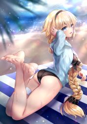 Rule 34 | 1girl, absurdres, ass, barefoot, beach, beach towel, blonde hair, blue eyes, blurry, blurry background, blurry foreground, braid, fate/grand order, fate (series), feet, hairband, hane yuki, highres, hood, hoodie, huge filesize, jacket, jeanne d&#039;arc (fate), jeanne d&#039;arc (ruler) (fate), jeanne d&#039;arc (swimsuit archer) (fate), jeanne d&#039;arc (swimsuit archer) (first ascension) (fate), lens flare, light particles, lying, on stomach, open clothes, open jacket, open mouth, palm leaf, revision, sand, single braid, soles, solo, sparkle, striped towel, thigh strap, toes, towel